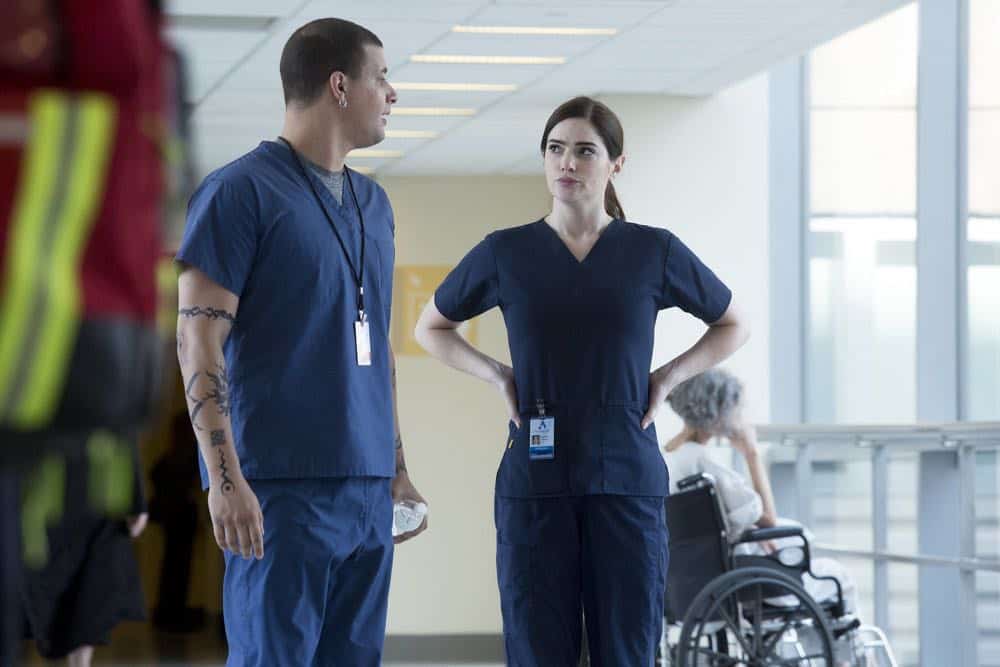 NEW AMSTERDAM -- "Boundaries" Episode 104 -- Pictured: (l-r) Alejandro Hernandez as Casey, Janet Montgomery as Dr. Lauren Bloom -- (Photo by: Francisco Roman/NBC) NEW AMSTERDAM -- "Boundaries" Episode 104 -- Pictured: (l-r) Alejandro Hernandez as Casey, Janet Montgomery as Dr. Lauren Bloom -- (Photo by: Francisco Roman/NBC)