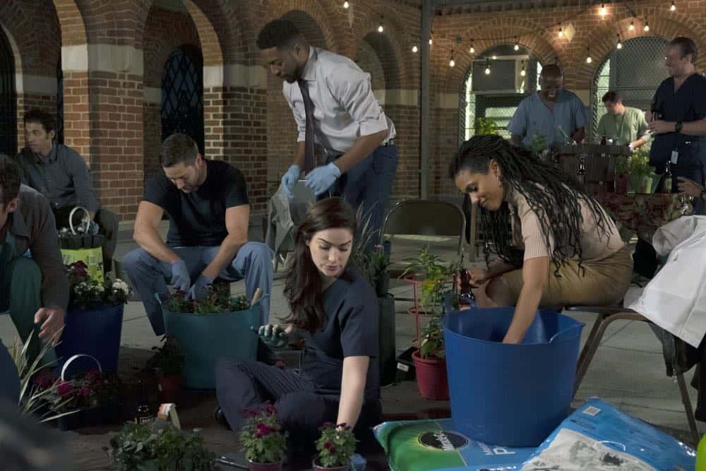 NEW AMSTERDAM -- "Boundaries" Episode 104 -- Pictured: (l-r) Ryan Eggold as Dr. Max Goodwin, Jocko Sims as Dr. Floyd Reynolds, Janet Montgomery as Dr. Lauren Bloom, Freema Agyeman as Dr. Helen Sharpe -- (Photo by: Francisco Roman/NBC) NEW AMSTERDAM -- "Boundaries" Episode 104 -- Pictured: (l-r) Ryan Eggold as Dr. Max Goodwin, Jocko Sims as Dr. Floyd Reynolds, Janet Montgomery as Dr. Lauren Bloom, Freema Agyeman as Dr. Helen Sharpe -- (Photo by: Francisco Roman/NBC)