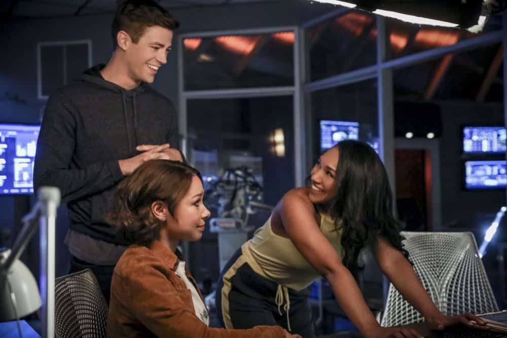 The Flash -- "Blocked" -- Image Number: FLA502a_0308b.jpg -- Pictured (L-R): Grant Gustin as Barry Allen, Jessica Parker Kennedy as Nora West - Allen and Candice Patton as Iris West - Allen -- Photo: Jack Rowand/The CW -- é 2018 The CW Network, LLC. All rights reserved