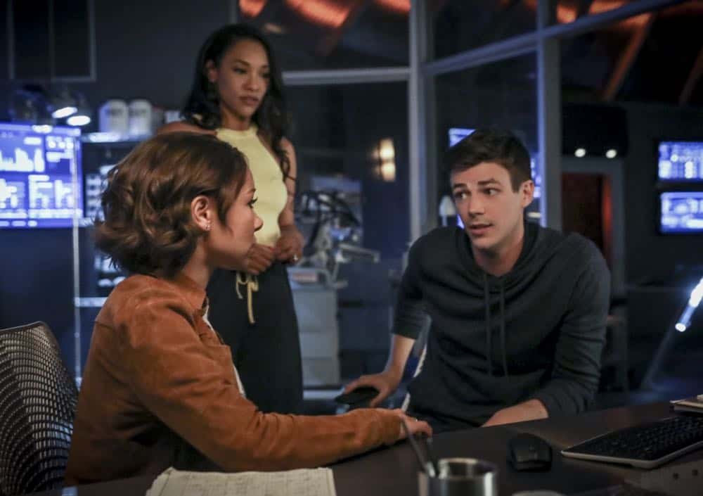The Flash -- "Blocked" -- Image Number: FLA502a_0000b.jpg -- Pictured (L-R): Grant Jessica Parker Kennedy as Nora West - Allen, Candice Patton as Iris West - Allen and Gustin as Barry Allen -- Photo: Jack Rowand/The CW -- é 2018 The CW Network, LLC. All rights reserved