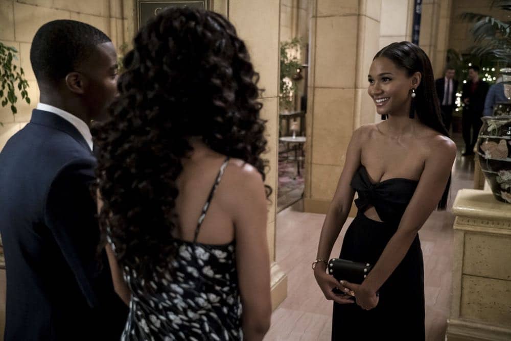 All American -- "99 Problems"-- Image Number: ALA102c_0042b.jpg -- Pictured (L-R): Daniel Ezra as Spencer, Samantha Logan as Olivia and Greta Onieogou as Layla -- Photo: Jesse Giddings/The CW -- é 2018 The CW Network, LLC. All Rights Reserved