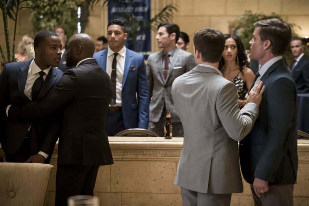 All American -- "99 Problems"-- Image Number: ALA102c_0256b.jpg -- Pictured (L-R): Daniel Ezra as Spencer, Taye Diggs as Billy, Cody Christian as Asher and Casper Van Dien as Harold Adams -- Photo: Jesse Giddings/The CW -- é 2018 The CW Network, LLC. All Rights Reserved