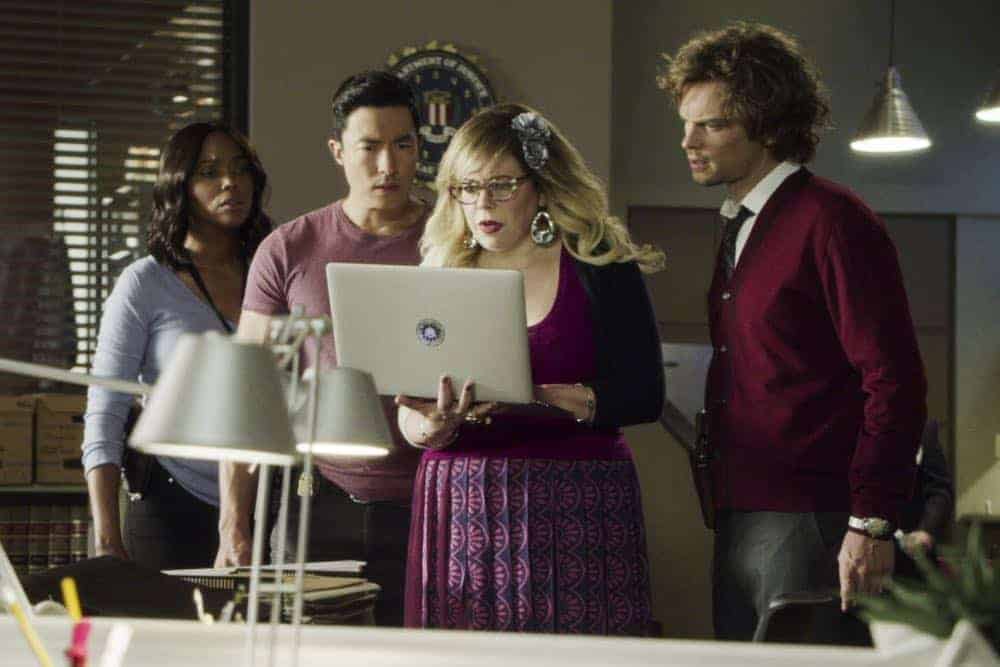 "Rule 34" -- When packages with gruesome contents are delivered to six people in the Washington, D.C. area, the BAU must first figure out what connects the recipients before they can identify the UnSub. Also, Simmons and Kristy (Kelly Frye) struggle to connect with their son, David, who is suspended from school for aggressive behavior, on CRIMINAL MINDS, Wednesday, Oct. 17 (10:00-11:00 PM, ET/PT) on the CBS Television Network. Pictured: Aisha Tyler (Dr. Tara Lewis), Daniel Henney (Matt Simmons), Kirsten Vangsness (Penelope Garcia), Matthew Gray Gubler (Dr. Spencer Reid) Photo: Best Screen Grab Available/CBS é2018 CBS Broadcasting, Inc. All Rights Reserved