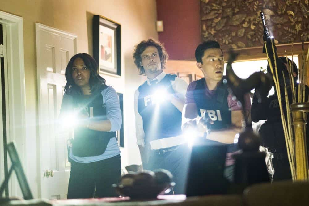 "Rule 34" -- When packages with gruesome contents are delivered to six people in the Washington, D.C. area, the BAU must first figure out what connects the recipients before they can identify the UnSub. Also, Simmons and Kristy (Kelly Frye) struggle to connect with their son, David, who is suspended from school for aggressive behavior, on CRIMINAL MINDS, Wednesday, Oct. 17 (10:00-11:00 PM, ET/PT) on the CBS Television Network. Pictured: Aisha Tyler (Dr. Tara Lewis), Matthew Gray Gubler (Dr. Spencer Reid), Daniel Henney (Matt Simmons) Photo: Eddy Chen/CBS é2018 CBS Broadcasting, Inc. All Rights Reserved