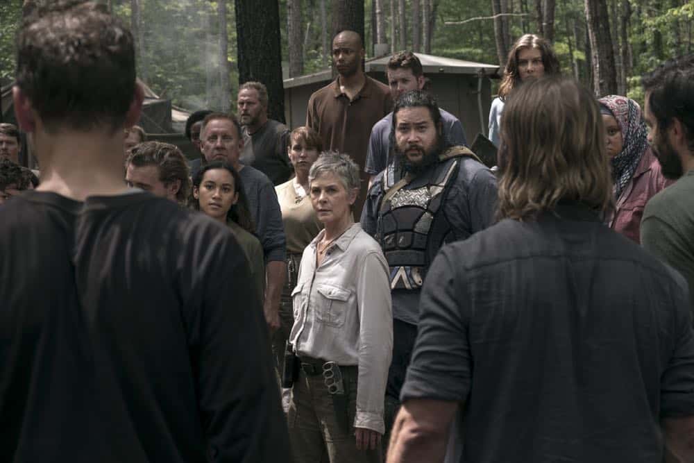 Melissa McBride as Carol Peletier, Cooper Andrews as Jerry, Lauren Cohan as Maggie Rhee, Sydney Park as Cyndie, Nadine Marissa as Nabila - Walking Dead _ Season 9, Episode 3 - Photo Credit: Gene Page/AMC Melissa McBride as Carol Peletier, Cooper Andrews as Jerry, Lauren Cohan as Maggie Rhee, Sydney Park as Cyndie, Nadine Marissa as Nabila - Walking Dead _ Season 9, Episode 3 - Photo Credit: Gene Page/AMC