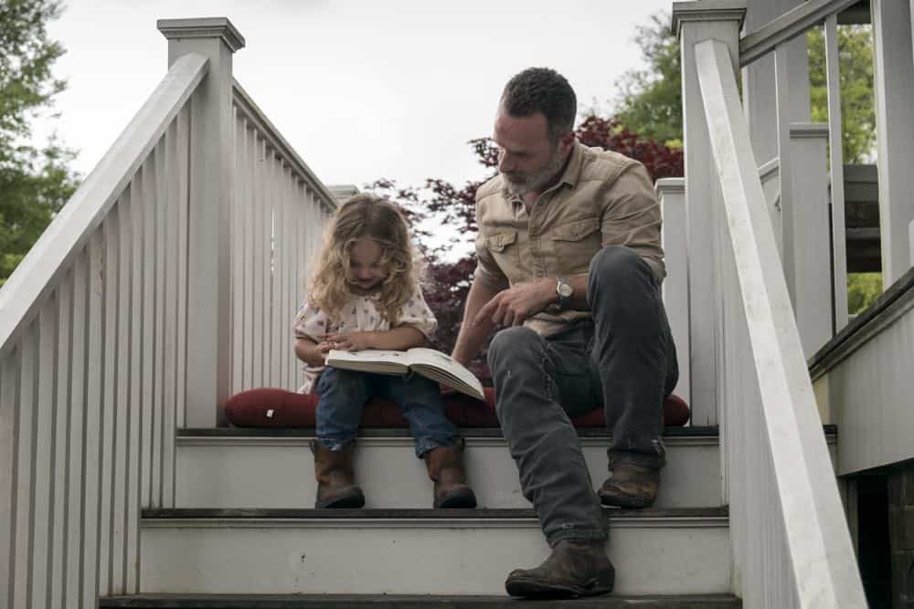 Chloe Garcia-Frizzi as Judith Grimes, Andrew Lincoln as Rick Grimes - The Walking Dead _ Season 9, Episode 3 - Photo Credit: Gene Page/AMC