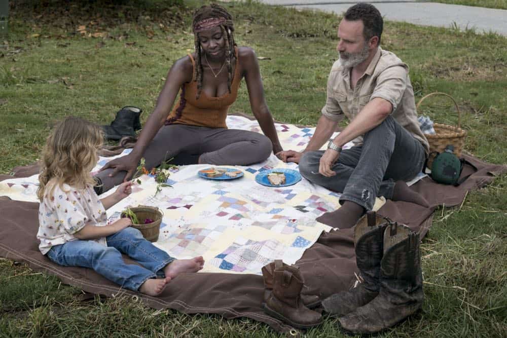 Andrew Lincoln as Rick Grimes, Danai Gurira as Michonne, Chloe Garcia-Frizzi as Judith Grimes - The Walking Dead _ Season 9, Episode 3 - Photo Credit: Gene Page/AMC
