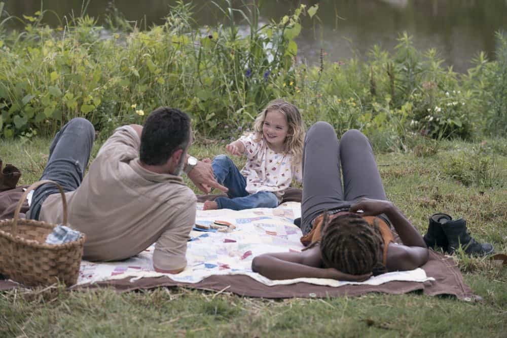 Andrew Lincoln as Rick Grimes, Chloe Garcia-Frizzi as Judith Grimes, Danai Gurira as Michonne - The Walking Dead _ Season 9, Episode 3 - Photo Credit: Gene Page/AMC