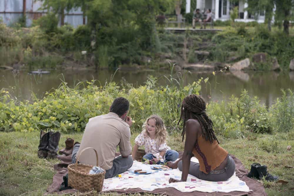 Andrew Lincoln as Rick Grimes, Chloe Garcia-Frizzi as Judith Grimes, Danai Gurira as Michonne - The Walking Dead _ Season 9, Episode 3 - Photo Credit: Gene Page/AMC