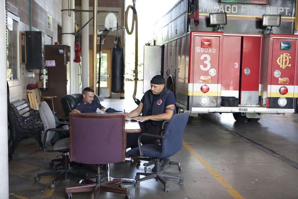 CHICAGO FIRE -- "This Isn't Charity" Episode 704 -- Pictured: (l-r) Taylor Kinney as Kelly Severide, Joe Minoso as Joe Cruz -- (Photo by: Adrian Burrows/NBC) CHICAGO FIRE -- "This Isn't Charity" Episode 704 -- Pictured: (l-r) Taylor Kinney as Kelly Severide, Joe Minoso as Joe Cruz -- (Photo by: Adrian Burrows/NBC)
