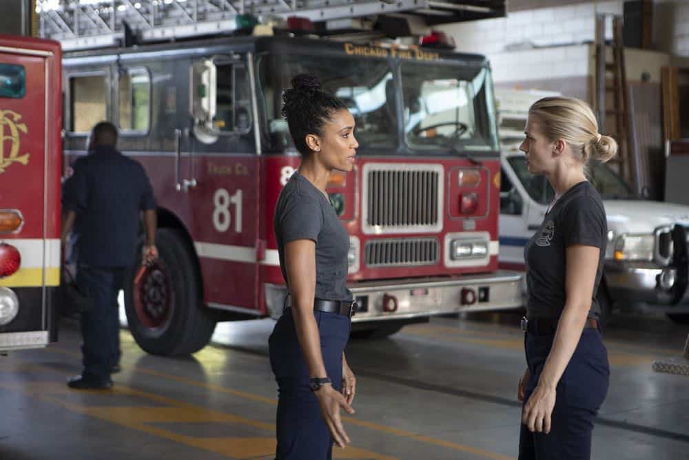 CHICAGO FIRE -- "This Isn't Charity" Episode 704 -- Pictured: (l-r) Annie Ilonzeh as Emily Foster, Kara Killmer as Sylvie Brett -- (Photo by: Adrian Burrows/NBC)