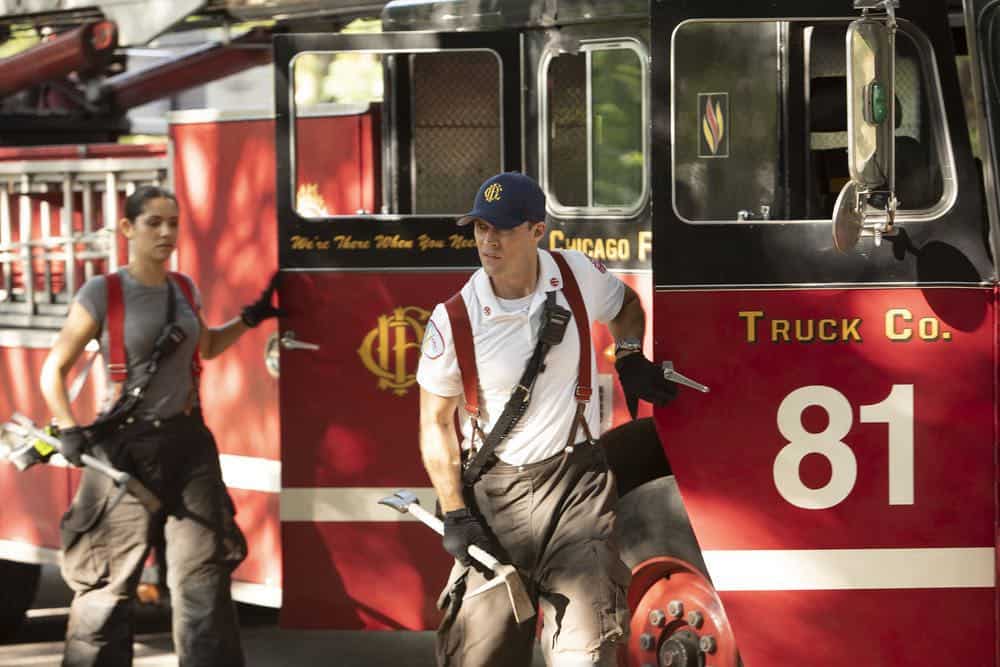 CHICAGO FIRE -- "This Isn't Charity" Episode 704 -- Pictured: (l-r) Miranda Rae Mayo as Stella Kidd, Jesse Spencer as Matthew Casey -- (Photo by: Adrian Burrows/NBC)