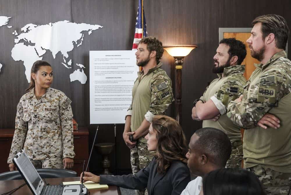 "The Worst of Conditions" -- After tragedy strikes, Jason is faced with a huge decision regarding his future with Bravo Team, on SEAL TEAM, Wednesday, Oct. 17 (9:00-10:00 PM, ET/PT) on the CBS Television Network. Pictured: Toni Trucks as Lisa David, Max Thieriot as Clay Spenser, AJ Buckley as Sonny Quinn, and Tyler Grey as Trent. Photo: MontyBrinton/CBS é2018 CBS Broadcasting, Inc. All Rights Reserved