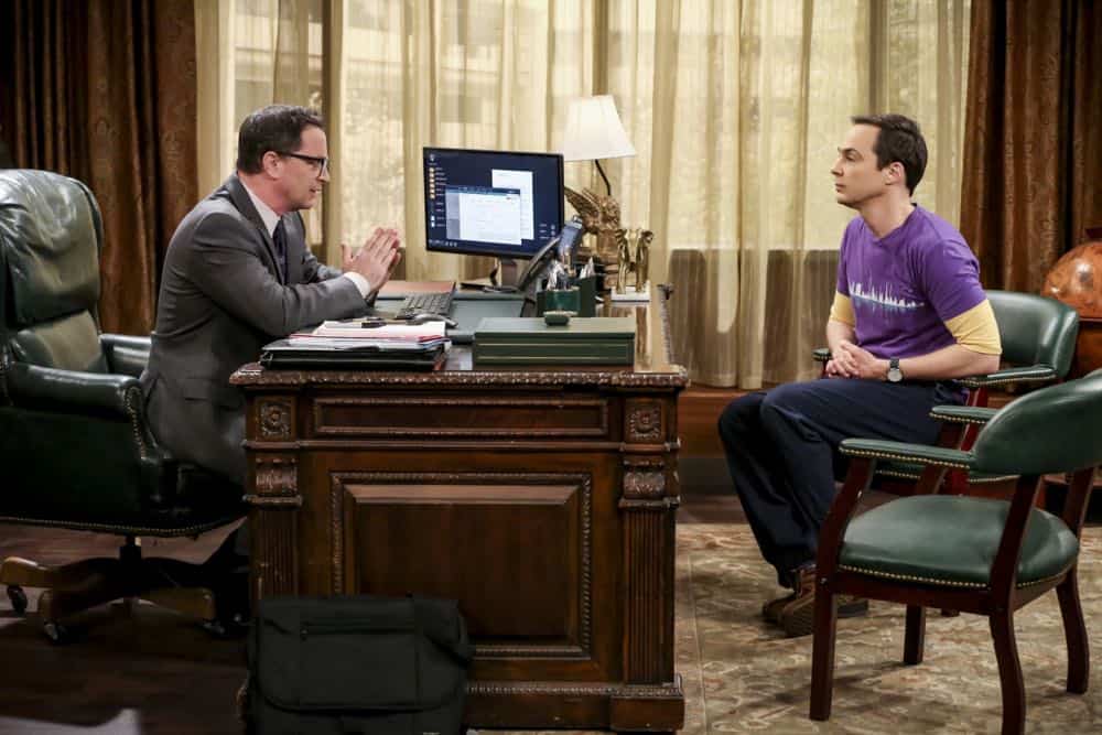 "The Planetarium Collision" -- Pictured: President Siebert (Joshua Malina) and Sheldon Cooper (Jim Parsons). When Amy doesn't have time to work on super-asymmetry, Sheldon goes to great lengths to ensure she's available to work with him even it if means accidentally sabotaging her career in the process. Also, Koothrappali doesn't want Wolowitz to join him in hosting a show at the planetarium, on THE BIG BANG THEORY, Thursday, Oct. 18 (8:00-8:31 PM, ET/PT) on the CBS Television Network. Emmy Award winner Bob Newhart returns as Arthur Jeffries. Photo: Michael Yarish/Warner Bros. Entertainment Inc. é 2018 WBEI. All rights reserved.
