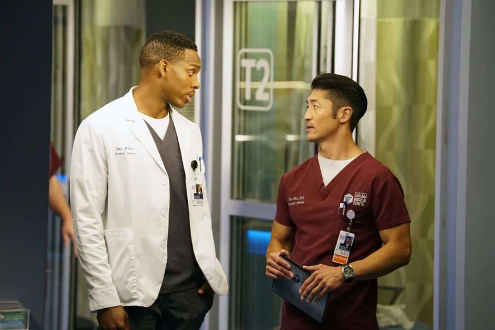 CHICAGO MED -- "Backed Against The Wall" Episode 404 -- Pictured: (l-r) Colby Lewis as Terry McNeal, Brian Tee as Ethan Choi -- (Photo by: Elizabeth Sisson/NBC)