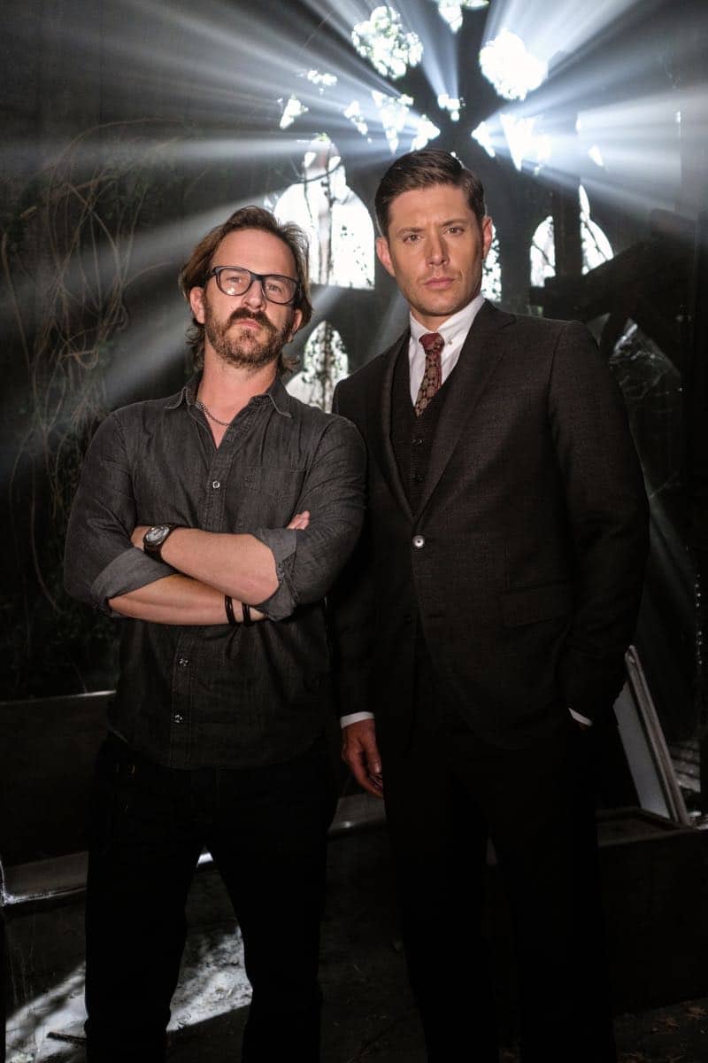 Supernatural -- "Gods and Monsters" -- Image Number: SN1402A_BTS_0476b.jpg -- Pictured (L-R): Behind the scenes with director Richard Speight, Jr. and Jensen Ackles as Dean/Michael -- Photo: Robert Falconer/The CW -- é 2018 The CW Network, LLC All Rights Reserved
