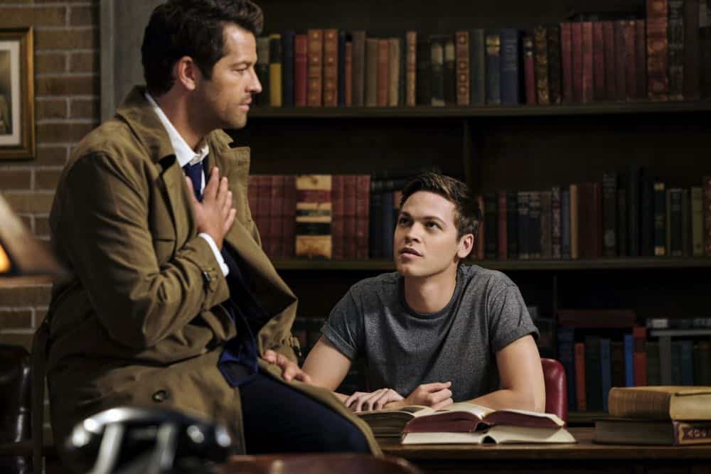 Supernatural -- "Gods and Monsters" -- Image Number: SN1402A_0013b.jpg -- Pictured (L-R): Misha Collins as Castiel and Alexander Calvert as Jack -- Photo: Robert Falconer/The CW -- é 2018 The CW Network, LLC All Rights Reserved Supernatural -- "Gods and Monsters" -- Image Number: SN1402A_0013b.jpg -- Pictured (L-R): Misha Collins as Castiel and Alexander Calvert as Jack -- Photo: Robert Falconer/The CW -- é 2018 The CW Network, LLC All Rights Reserved