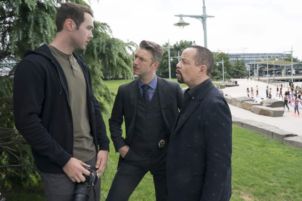LAW & ORDER: SPECIAL VICTIMS UNIT -- "Accredo" Episode 2005 -- Pictured: (l-r) Chase Burnett as Tyler Goodrich, Peter Scanavino as Dominick "Sonny" Carisi, Ice T as Odafin "Fin" Tutuola -- (Photo by: Barbara Nitke/NBC)