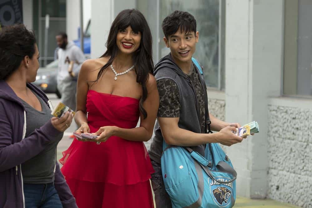 THE GOOD PLACE -- "Jeremy Bearimy" Episode 305 -- Pictured: (l-r) Jameela Jamil as Tahani, Manny Jacinto as Jason Mendoza -- (Photo by: Colleen Hayes/NBC) THE GOOD PLACE -- "Jeremy Bearimy" Episode 305 -- Pictured: (l-r) Jameela Jamil as Tahani, Manny Jacinto as Jason Mendoza -- (Photo by: Colleen Hayes/NBC)