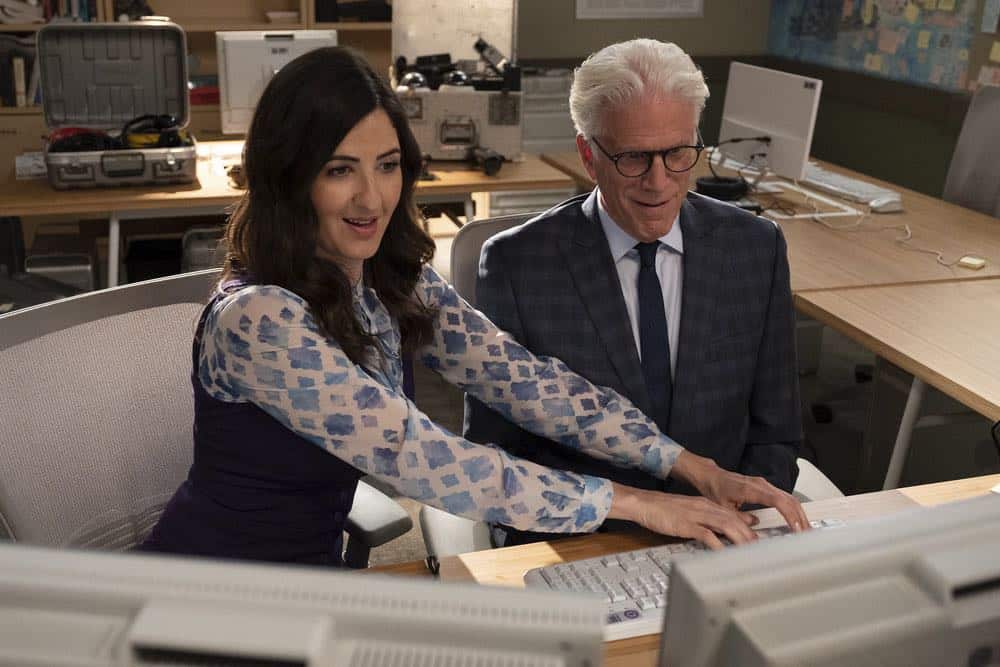 THE GOOD PLACE -- "Jeremy Bearimy" Episode 305 -- Pictured: D?Arcy Carden as Janet, Ted Danson as Michael -- (Photo by: Colleen Hayes/NBC)