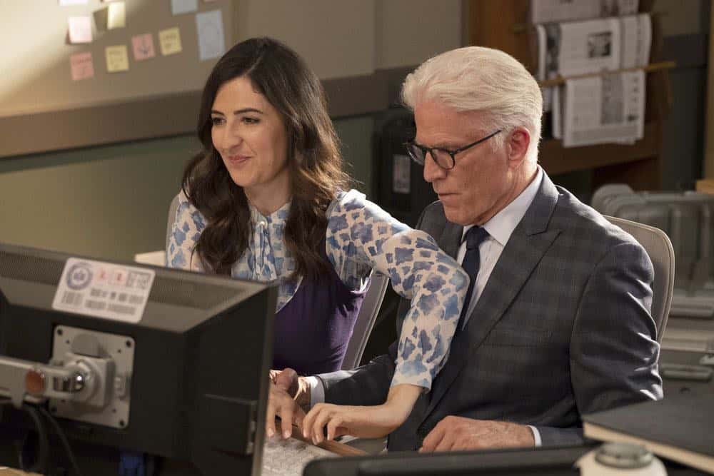 THE GOOD PLACE -- "Jeremy Bearimy" Episode 305 -- Pictured: (l-r) D?Arcy Carden as Janet, Ted Danson as Michael -- (Photo by: Colleen Hayes/NBC)