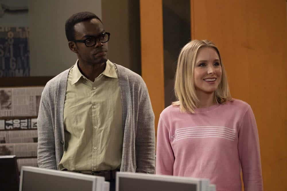 THE GOOD PLACE -- "Jeremy Bearimy" Episode 305 -- Pictured: (l-r) William Jackson Harper as Chidi, Kristen Bell as Eleanor Shellstrop -- (Photo by: Colleen Hayes/NBC)