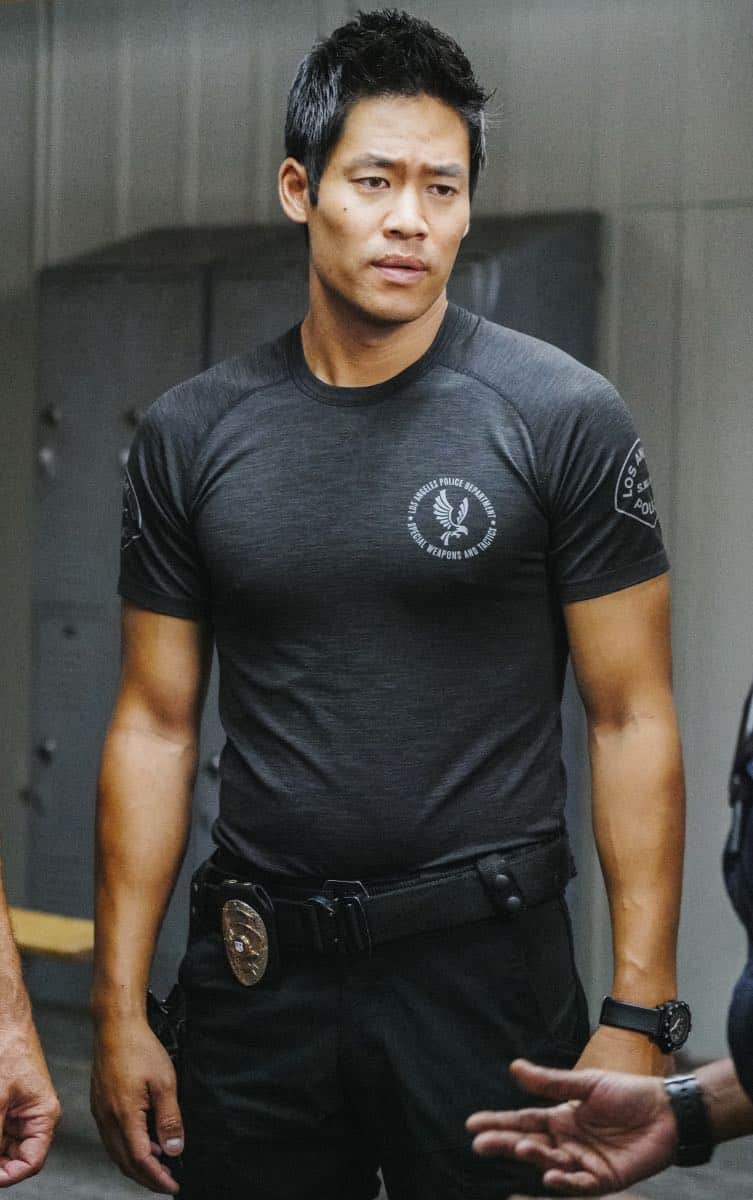 "Saving Face" -- Hondo suspects ulterior motive when the estranged U.S. Marshal husband (Michael Trucco) of his romantic interest, Deputy District Attorney Nia Wells (Nikiva Dionne), requests the S.W.A.T. team's help with the apprehension of a fugitive robbing drug cargo shipments. Also, Jessica is forced to implement departmental budget cuts as Street makes a heartbreaking discovery about his mother Karen (Sherilyn Fenn) on, on S.W.A.T., Thursday, Oct. 18 (10:00-11:00 PM, ET/PT) on the CBS Television Network. Pictured: David Lim as Victor Tan. Photo: Bill Inoshita/CBS é2018 CBS Broadcasting, Inc. All Rights Reserved "Saving Face" -- Hondo suspects ulterior motive when the estranged U.S. Marshal husband (Michael Trucco) of his romantic interest, Deputy District Attorney Nia Wells (Nikiva Dionne), requests the S.W.A.T. team's help with the apprehension of a fugitive robbing drug cargo shipments. Also, Jessica is forced to implement departmental budget cuts as Street makes a heartbreaking discovery about his mother Karen (Sherilyn Fenn) on, on S.W.A.T., Thursday, Oct. 18 (10:00-11:00 PM, ET/PT) on the CBS Television Network. Pictured: David Lim as Victor Tan. Photo: Bill Inoshita/CBS é2018 CBS Broadcasting, Inc. All Rights Reserved