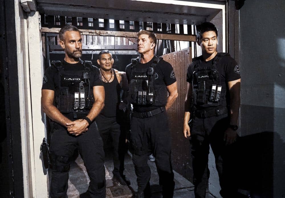 "Saving Face" -- Hondo suspects ulterior motive when the estranged U.S. Marshal husband (Michael Trucco) of his romantic interest, Deputy District Attorney Nia Wells (Nikiva Dionne), requests the S.W.A.T. team's help with the apprehension of a fugitive robbing drug cargo shipments. Also, Jessica is forced to implement departmental budget cuts as Street makes a heartbreaking discovery about his mother Karen (Sherilyn Fenn) on, on S.W.A.T., Thursday, Oct. 18 (10:00-11:00 PM, ET/PT) on the CBS Television Network. Pictured L to R: Jay Harrington as David "Deacon" Kay,Kenny Johnson as Dominique Luca, and David Lim as Victor Tan. Photo: Bill Inoshita/CBS é2018 CBS Broadcasting, Inc. All Rights Reserved