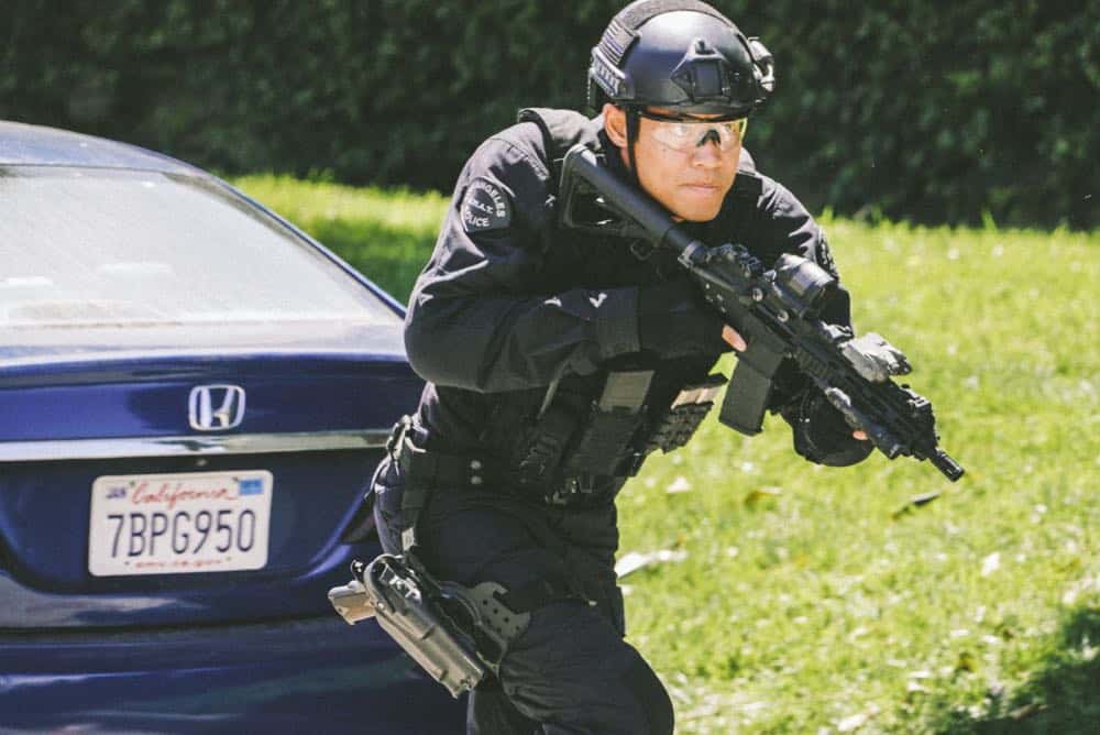 "Saving Face" -- Hondo suspects ulterior motive when the estranged U.S. Marshal husband (Michael Trucco) of his romantic interest, Deputy District Attorney Nia Wells (Nikiva Dionne), requests the S.W.A.T. team's help with the apprehension of a fugitive robbing drug cargo shipments. Also, Jessica is forced to implement departmental budget cuts as Street makes a heartbreaking discovery about his mother Karen (Sherilyn Fenn) on, on S.W.A.T., Thursday, Oct. 18 (10:00-11:00 PM, ET/PT) on the CBS Television Network. Pictured: David Lim as Victor Tan. Photo: Bill Inoshita/CBS é2018 CBS Broadcasting, Inc. All Rights Reserved