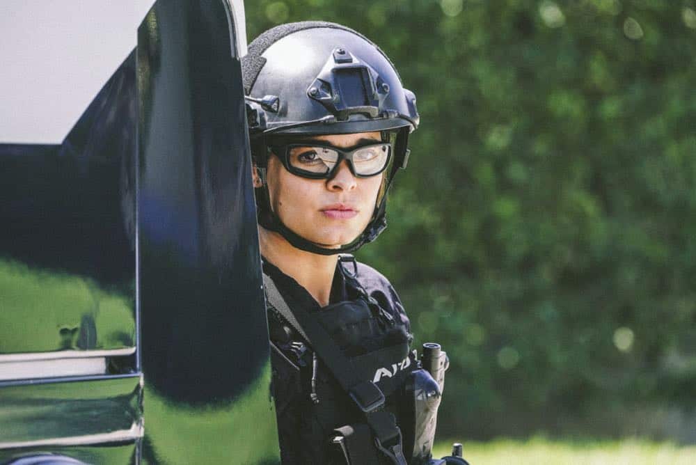 "Saving Face" -- Hondo suspects ulterior motive when the estranged U.S. Marshal husband (Michael Trucco) of his romantic interest, Deputy District Attorney Nia Wells (Nikiva Dionne), requests the S.W.A.T. team's help with the apprehension of a fugitive robbing drug cargo shipments. Also, Jessica is forced to implement departmental budget cuts as Street makes a heartbreaking discovery about his mother Karen (Sherilyn Fenn) on, on S.W.A.T., Thursday, Oct. 18 (10:00-11:00 PM, ET/PT) on the CBS Television Network. Pictured: Lina Esco as Christina "Chris" Alonso. Photo: Bill Inoshita/CBS é2018 CBS Broadcasting, Inc. All Rights Reserved