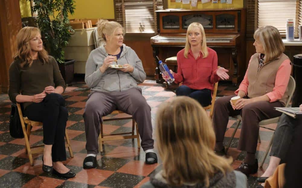 "Big Sauce and Coconut Water" -- Christy is certain that Bonnie is in over her head when she invites a freshly-paroled Tammy (Kristen Johnston) to stay with them, on MOM, Thursday, date (9:01-9:30 PM, ET/PT) on the CBS Television Network. Pictured L to R: Allison Janney as Bonnie, Kristen Johnston as Tammy, Jaime Pressly as Jill and Mimi Kennedy as Marjorie. Photo: Darren Michaels/Warner Bros. Entertainment Inc. é 2018 WBEI. All rights reserved. "Big Sauce and Coconut Water" -- Christy is certain that Bonnie is in over her head when she invites a freshly-paroled Tammy (Kristen Johnston) to stay with them, on MOM, Thursday, date (9:01-9:30 PM, ET/PT) on the CBS Television Network. Pictured L to R: Allison Janney as Bonnie, Kristen Johnston as Tammy, Jaime Pressly as Jill and Mimi Kennedy as Marjorie. Photo: Darren Michaels/Warner Bros. Entertainment Inc. é 2018 WBEI. All rights reserved.