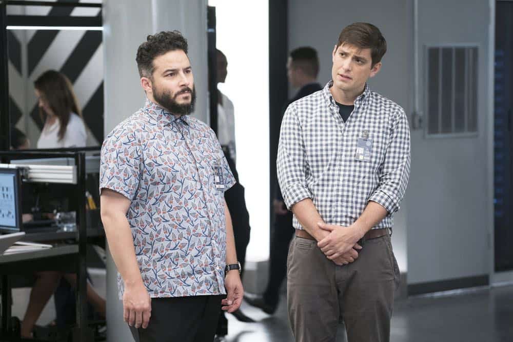BLINDSPOT -- "My Art Project" Episode 402 -- Pictured: (l-r) Ennis Esmer as Rich Dotcom, Josh Dean as Boston Arliss Crab -- (Photo by: Scott Gries/NBC/Warner Bros.) BLINDSPOT -- "My Art Project" Episode 402 -- Pictured: (l-r) Ennis Esmer as Rich Dotcom, Josh Dean as Boston Arliss Crab -- (Photo by: Scott Gries/NBC/Warner Bros.)