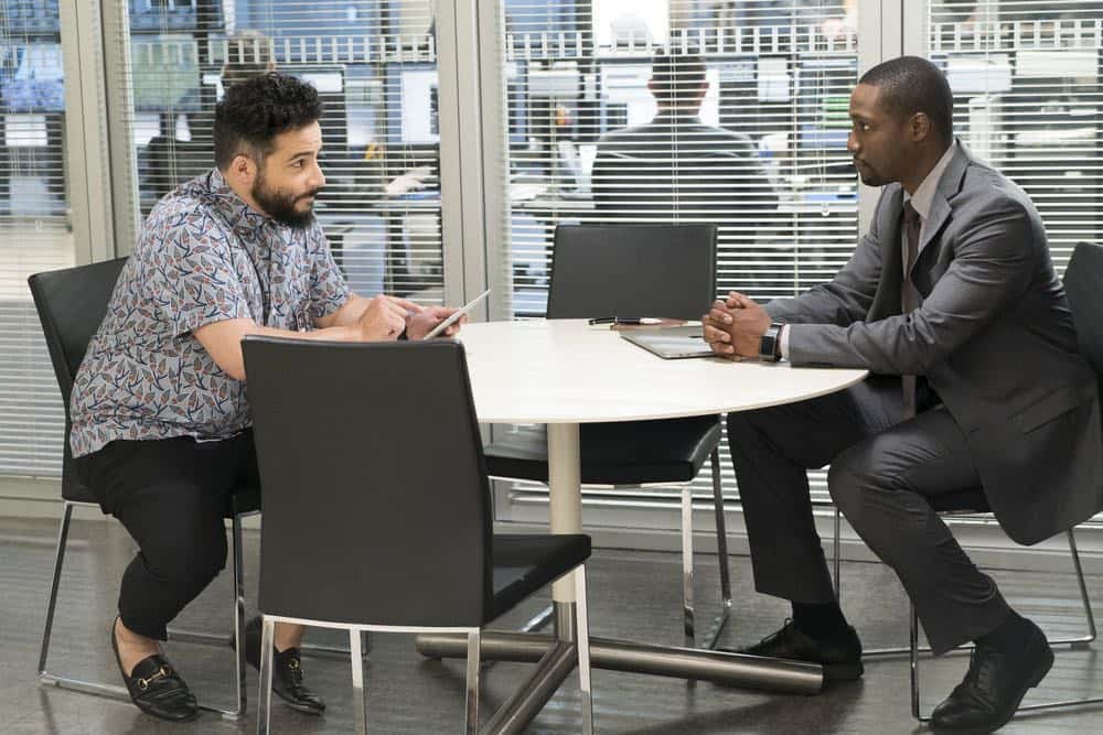BLINDSPOT -- "My Art Project" Episode 402 -- Pictured: (l-r) Ennis Esmer as Rich Dotcom, Rob Brown as Edgar Reade -- (Photo by: Scott Gries/NBC/Warner Bros.)
