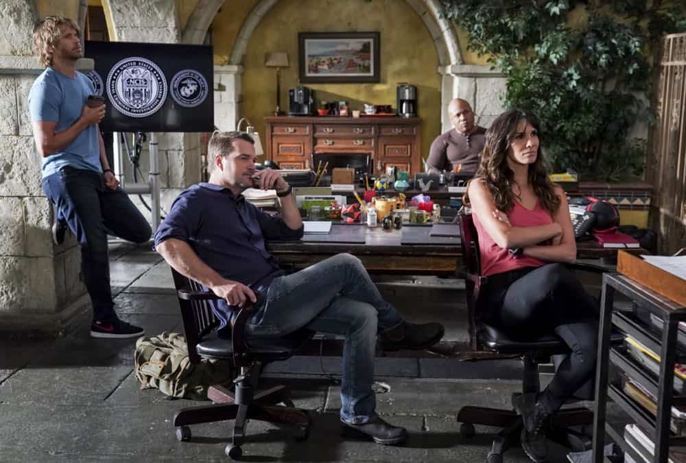 "Hit List" -- Pictured: Eric Christian Olsen (LAPD Liaison Marty Deeks), Chris O'Donnell (Special Agent G. Callen), LL COOL J (Special Agent Sam Hanna) and Daniela Ruah (Special Agent Kensi Blye). The NCIS team is in danger after their pictures, as well as Mosley and her son's names, are included on a cartel hit list. Also, NCIS Deputy Director Louis Ochoa (Esai Morales) arrives with Special Prosecutor John Rogers (Peter Jacobson) to interview Mosley about the off-the-books mission in Mexico, on NCIS: LOS ANGELES, Sunday, Oct. 21 (9:30-10:30 PM, ET/9:00-10:00 PM, PT) on the CBS Television Network. Gerald McRaney guest stars as Retired Navy Admiral Hollace Kilbride. Photo: Monty Brinton/CBS é2018 CBS Broadcasting, Inc. All Rights Reserved.