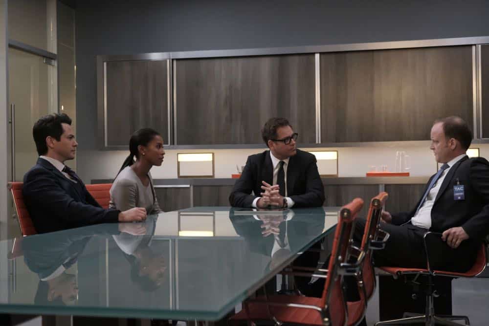 "The Missing Piece" - Bull joins the defense team of a seemingly unwinnable case when a man he believes is innocent, is put on trial for murder after his submission to a DNA database links him to a homicide. Also, while Bull and Benny work toward selecting jurors who are predisposed to trust their gut instinct rather than incontrovertible evidence, Danny and Mackenzie research whether their client's DNA could have been contaminated, on BULL, Monday, Oct. 22 (10:00-11:00 PM, ET/PT) on the CBS Television Network. Pictured L-R: Freddy Rodriguez as Benny Colón, Kearran Giovanni as Lindsey Thompson, Michael Weatherly as Dr. Jason Bull, and Jeremiah Wiggins as ADA Nathan Collins Photo: Jojo Whilden/CBS é2018 CBS Broadcasting, Inc. All Rights Reserved