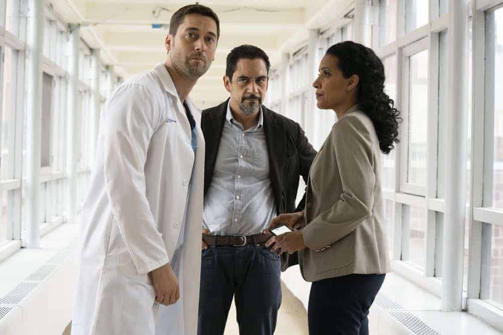 NEW AMSTERDAM -- "Cavitation" Episode 105 -- Pictured: (l-r) Ryan Eggold as Dr. Max Goodwin, José Zúñiga as Louis "Lou" Navarro, Zabryna Guevara as Dora -- (Photo by: Virginia Sherwood/NBC) NEW AMSTERDAM -- "Cavitation" Episode 105 -- Pictured: (l-r) Ryan Eggold as Dr. Max Goodwin, José Zúñiga as Louis "Lou" Navarro, Zabryna Guevara as Dora -- (Photo by: Virginia Sherwood/NBC)