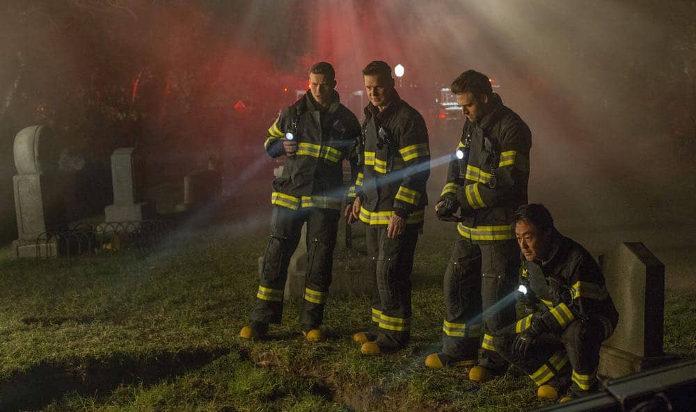 9-1-1: L-R: Oliver Stark, Peter Krause, Ryan Guzman and Kenneth Choi in the “Haunted” episode of 9-1-1 airing Monday, Oct. 29 (9:00-10:00 PM ET/PT) on FOX. © 2018 FOX Broadcasting. CR: Jack Zeman / FOX.