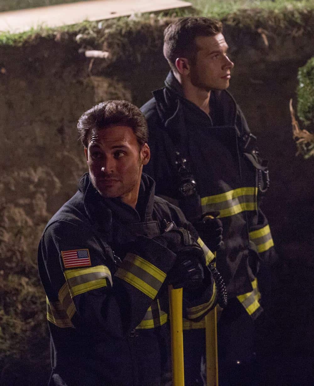 9-1-1: L-R: Ryan Guzman and Oliver Stark in the “Haunted” episode of 9-1-1 airing Monday, Oct. 29 (9:00-10:00 PM ET/PT) on FOX. © 2018 FOX Broadcasting. CR: Jack Zeman / FOX.
