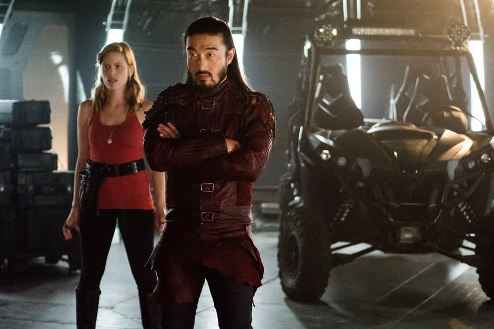 KILLJOYS -- "Cherchez La Bitch" Episode 507 -- Pictured: (l-r) Kelly McCormack as Zeph, Sean Baek as Fancy Lee-- (Photo by: Brendan Adam-Zwelling/Killjoys V Productions Limited/SYFY)