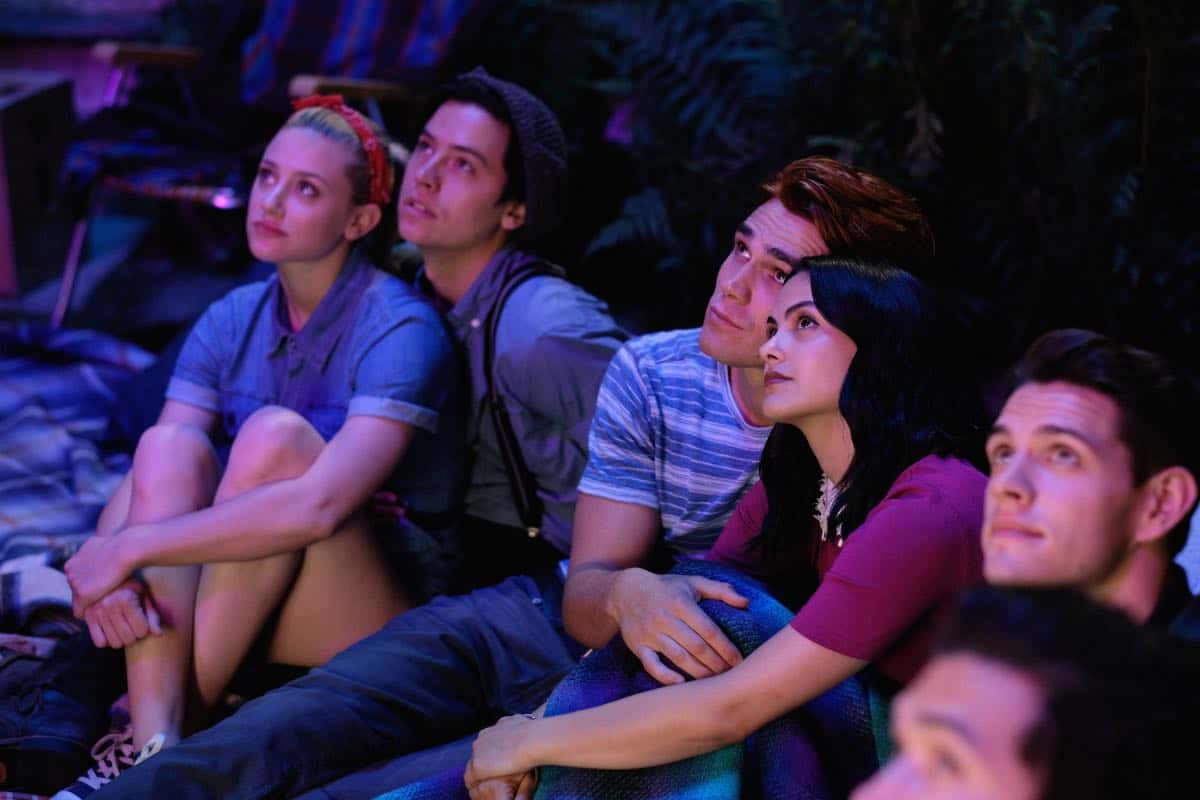 Riverdale -- "Chapter Fifty-Eight: In Memoriam" -- Image Number: RVD401b_0243.jpg -- Pictured (L-R): Lili Reinhart as Betty, Cole Sprouse as Jughead, KJ Apa as Archie, Camila Mendes as Veronica and Casey Cott as Kevin -- Photo: Robert Falconer/The CW -- © 2019 The CW Network, LLC. All Rights Reserved. Riverdale -- "Chapter Fifty-Eight: In Memoriam" -- Image Number: RVD401b_0243.jpg -- Pictured (L-R): Lili Reinhart as Betty, Cole Sprouse as Jughead, KJ Apa as Archie, Camila Mendes as Veronica and Casey Cott as Kevin -- Photo: Robert Falconer/The CW -- © 2019 The CW Network, LLC. All Rights Reserved.