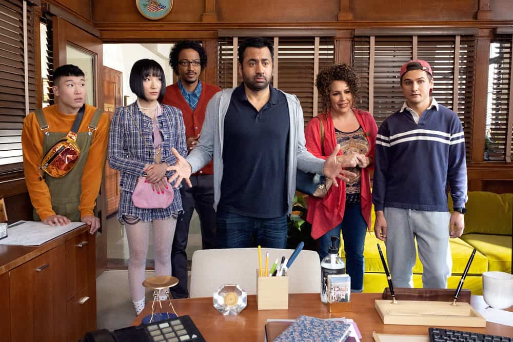 SUNNYSIDE -- "Pilot" Episode -- Pictured: (l-r) Joel Kim Booster as Jun Ho, Poppy Liu as Mei Lin, Samba Schutte as Hakim, Kal Penn as Garrett, Diana Marie Riva as Griselda, Moses Storm as Brady -- (Photo by: Colleen Hayes/NBC)